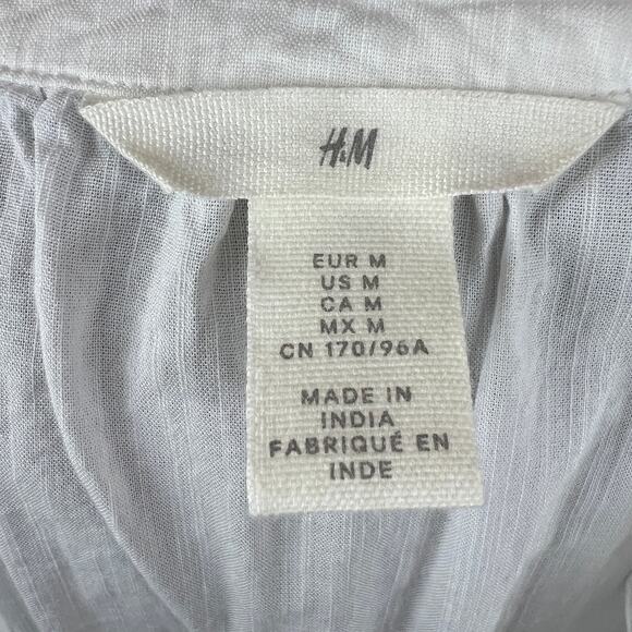 H&M White Blouse Cotton Split Neck Frill-Trimmed Cap Sleeve Pullover S M Medium - Picture 8 of 9